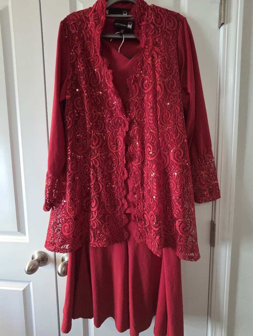 AnthoNY Red Lace & Sequin Jacket with Matching Sleeveless Top & Trumpet Skirt.